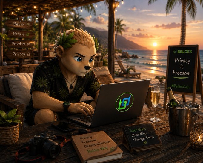 An illustrated promotional image for BELDEX featuring an anthropomorphic hedgehog character wearing a laurel wreath working on a laptop at a tropical beach setting at sunset, with a sign reading 'Privacy is Freedom' and notes mentioning 'Touch Grass, Clear Mind, Strong Chain.'