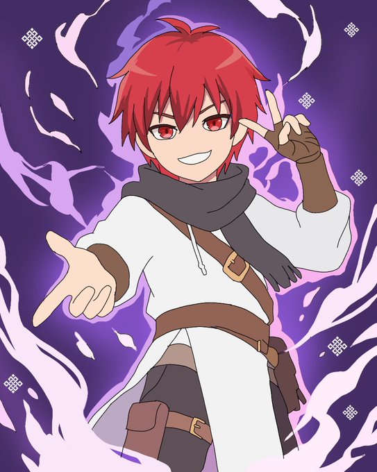 An anime-style illustration of a red-haired character with red eyes smiling and making hand gestures, surrounded by purple flame-like energy effects.