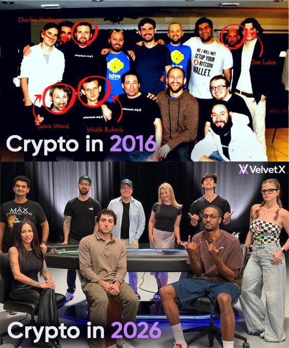 The image is a two-panel comparison meme contrasting the "Crypto in 2016" group photo—featuring labeled figures like Gavin Wood, Vitalik Buterin, Charles Hoskinson, and Joe Lubin—with a more diverse "Crypto in 2026" group branded "VelvetX," humorously illustrating how crypto culture has shifted from established technical founders to a new generation of influencers, with the post highlighting Rasmr as a key opinion leader replacing Vitalik.