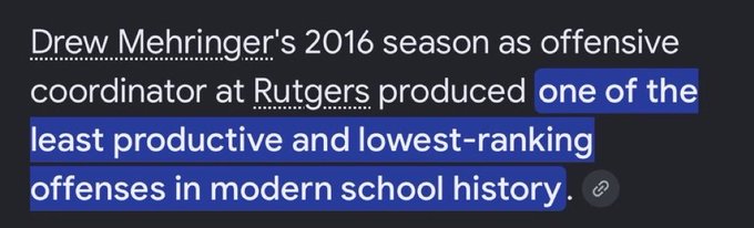 A screenshot of text highlights Drew Mehringer's failed 2016 offensive coordinator tenure at Rutgers, noting it produced "one of the least productive and lowest-ranking offenses in modern school history," reinforcing the post's implication of his poor coaching performance.