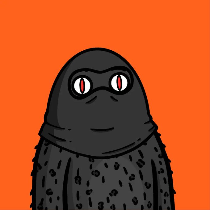A cartoon black, goggle-eyed, cloaked figure with red slit pupils standing against a bright orange background.