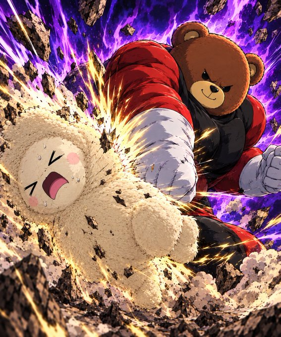 An anime-style illustration of a fierce teddy bear in a red jacket delivering a powerful punch to a crying white plush toy amid purple energy and flying debris.