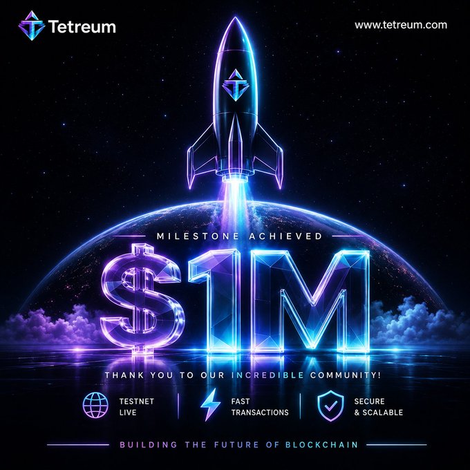 The image is a Tetreum promotional graphic celebrating a "$1M Milestone Achieved" in presale funding, featuring a glowing neon rocket launching above Earth to symbolize the project's momentum, alongside key text such as "Tetreum," "www.tetreum.com," and calls like "TESTNET LIVE," "FAST TRANSACTIONS," and "SECURE & SCALABLE," which together reinforce the accompanying post about surpassing $1 million raised and thanking the community.