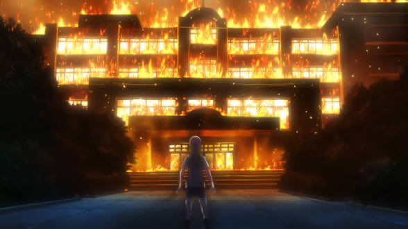 A dramatic anime scene showing a small character standing alone before a massive traditional building engulfed in roaring flames and embers, evoking a powerful and emotional moment.