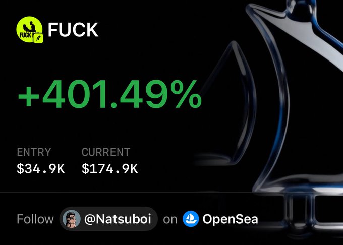 A promotional graphic for a 'FUCK' NFT by @Natsuboi on OpenSea, showing a +401.49% gain from an entry of $34.9K to a current value of $174.9K.