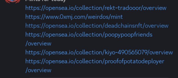 A screenshot showing a list of URLs including OpenSea collection links such as rekt-tradooor, deadchainsnft, poopypoopfriends, kiyo-490565079, and proofofpotatodeployer.