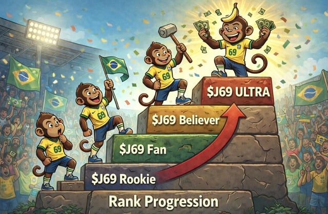 An illustration titled '$J69 Rank Progression' showing cartoon monkeys climbing a stadium-like ranking ladder from '$J69 Rookie' to '$J69 ULTRA' amid a Brazilian soccer crowd.