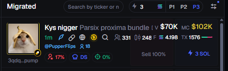 The image shows a cryptocurrency tracker entry labeled "Kys nigger" (a meme token) priced at $70K market cap ($102K mc), with 17% 1h change and 248 4.198x metrics. The post's "$15 SOL Giveaway" promotion appears to be a engagement-farming attempt, likely using the offensive token name to bait likes/retweets/quote tweets in exchange for a small SOL reward.