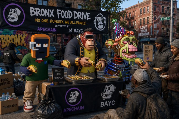 A street food distribution scene features characters including a pixelated ape, a monkey in a jacket, and a colorful creature serving tacos from a 'BRONX FOOD DRIVE' stand supported by 'APECHAIN' and 'BAYC'.