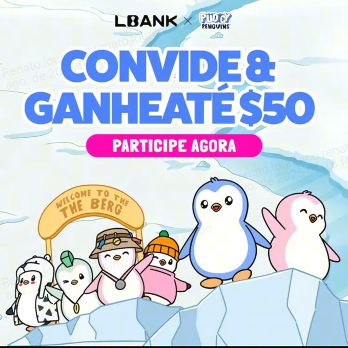 A promotional advertisement featuring LBANK x PUDGY PENGUINS branding, with cartoon penguins on an ice floe and Portuguese text reading 'CONVIDE & GANHE ATÉ $50' and 'PARTICIPE AGORA'.