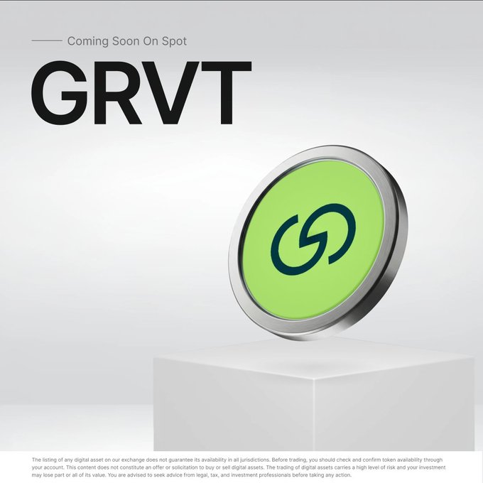 Promotional graphic announcing GRVT's upcoming listing on Bybit Spot, featuring the "GRVT" ticker prominently on the left and a green coin bearing the GRVT logo displayed on a pedestal to the right, with the tagline "Coming Soon On Spot" at the top and a standard trading risk disclaimer at the bottom.
