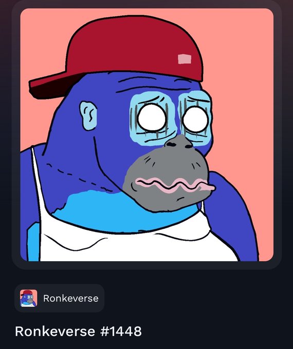 A digital illustration of a blue gorilla wearing a red cap, with the text 'Ronkeverse' and 'Ronkeverse #1448' displayed below it.