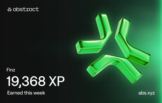 The image features a green logo with three arrows pointing in different directions, which appears to be a symbol or logo related to Abstract Chain. The background of the image is black, making the green logo stand out prominently. Below the logo, there are some text elements that provide information about the post on Abstract Chain. These include details such as "Last week in @AbstractChain:  @TollanUniverse: 15600 Abs Stumbs: 17 Abs shards: 20 XPR: claim free entry: GLHF!". The image also contains a number, which is likely an XP value or some other form of currency related to the post.