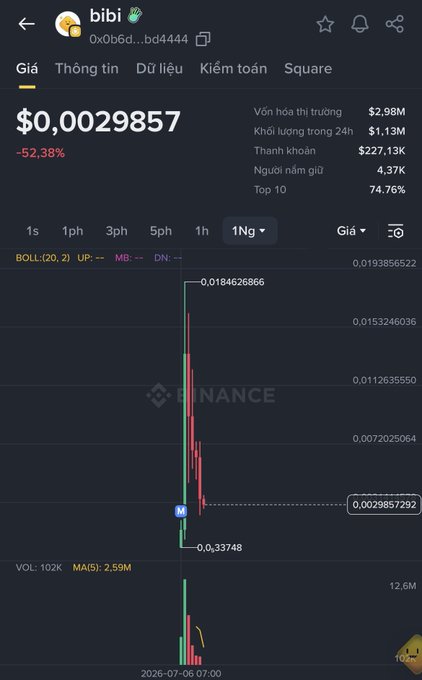 A Binance cryptocurrency chart for the token 'bibi' (0x0b6d...bd4444) showing a price of $0.0029857, down -52.38%, with a dramatic candlestick price spike and crash.