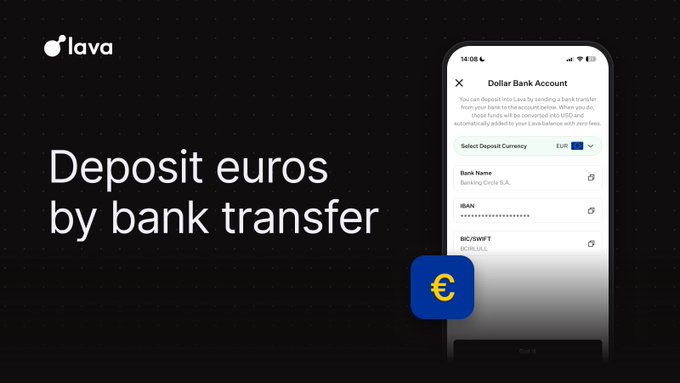 An advertisement for Lava cryptocurrency service reads "Deposit euros by bank transfer" with a mockup of a bank deposit screen.