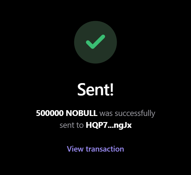 The image shows a confirmation that 500,000 NOBULL tokens were successfully sent to the wallet address HQP7...ngJx, which is likely a demonstration of the airdrop mentioned in the post.
