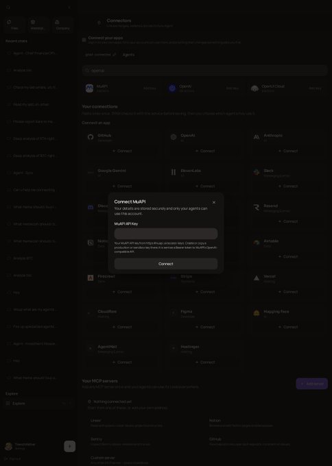 A dark-themed dashboard interface displays a "Connectors" page with a modal dialog titled "Connect.MAPI" prompting users to enter their "MAPI API Key" to link their agents to external services like Gmail, OpenAI, and Anthropic, illustrating the post's announcement about enabling SYNX Agents to connect with 1680+ applications.