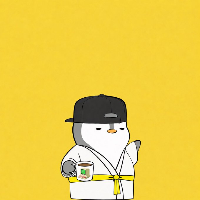 A cartoon illustration of a penguin character wearing a black baseball cap, a white robe with a yellow belt, and holding a coffee cup against a solid yellow backdrop.