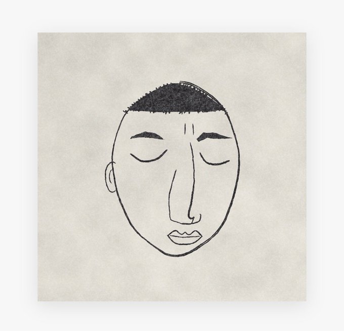 A minimalist black line drawing of a face with closed eyes on a textured beige background.