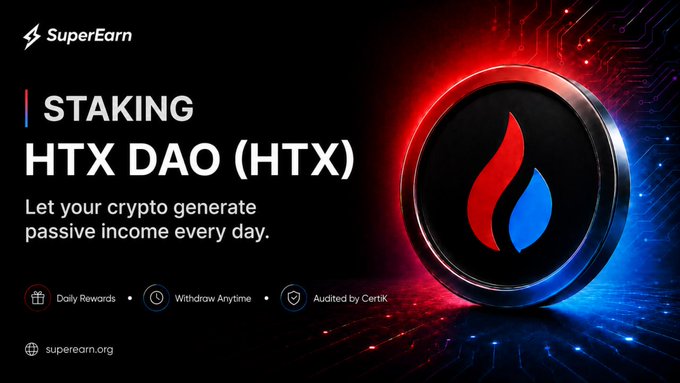 An advertisement for 'SuperEarn' promoting 'STAKING HTX DAO (HTX)' with the tagline 'Let your crypto generate passive income every day.' and icons for 'Daily Rewards', 'Withdraw Anytime', and 'Audited by CertiK.'