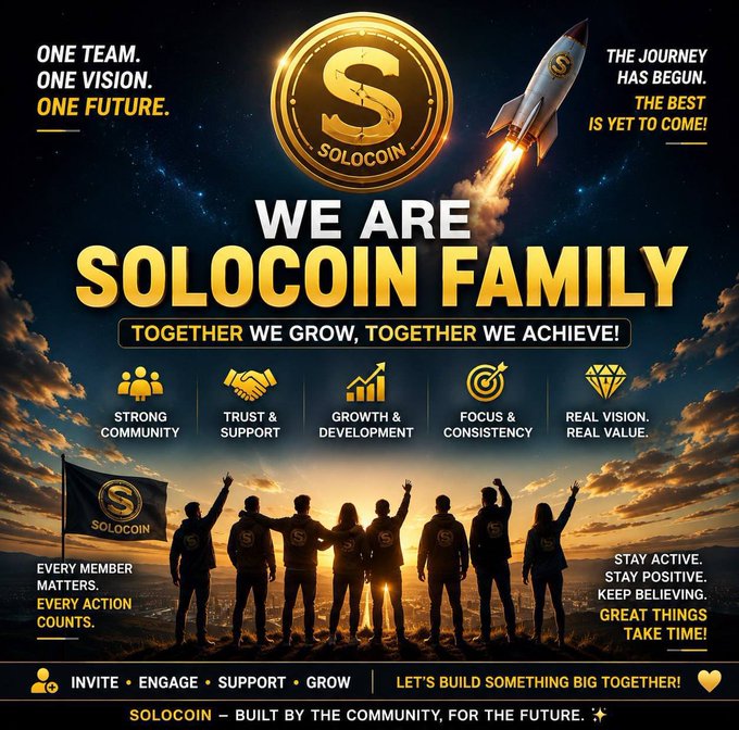 The image features a group of people standing together, with a banner that says "We Are The Solocin Family" written above them. Below this banner, there are several icons representing different aspects of the Solocin community, such as a flag, a building, and a rocket ship. These icons emphasize the idea of unity and collaboration within the Solocin community.