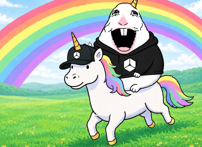 A cartoon image of a screaming hamster-like creature wearing a black hoodie and unicorn hat riding a white unicorn with a rainbow mane through a green field beneath a rainbow.