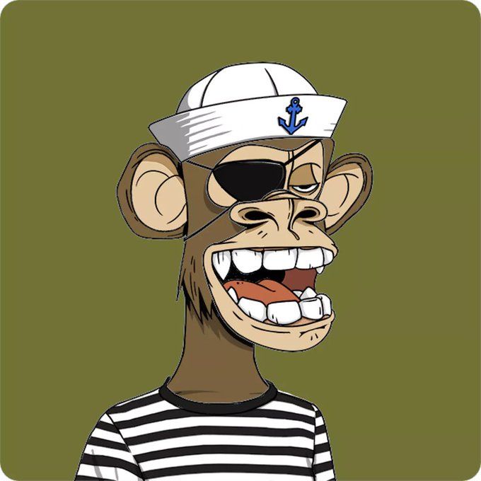 A cartoon NFT-style image of a Bored Ape wearing a white sailor hat with a blue anchor, an eye patch, and a black and white striped shirt against an olive green background.