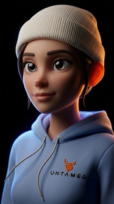 A 3D-rendered young woman wearing a beige beanie and a light blue hoodie with an orange deer logo and the word 'UNTAMED' printed on the chest.
