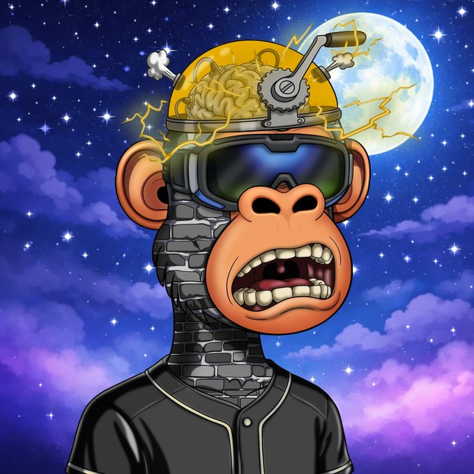 A cartoon illustration of a Bored Ape-style character wearing VR goggles with a transparent brain helmet revealing mechanical gears, set against a starry night sky with a full moon.