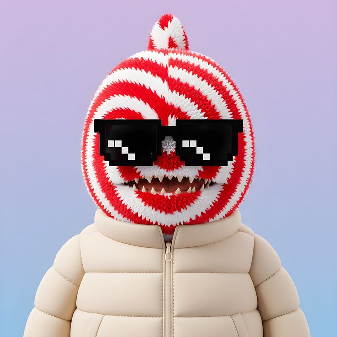 A 3D-rendered character with a red and white swirled head, pixelated sunglasses, sharp teeth, and a cream-colored puffer jacket.