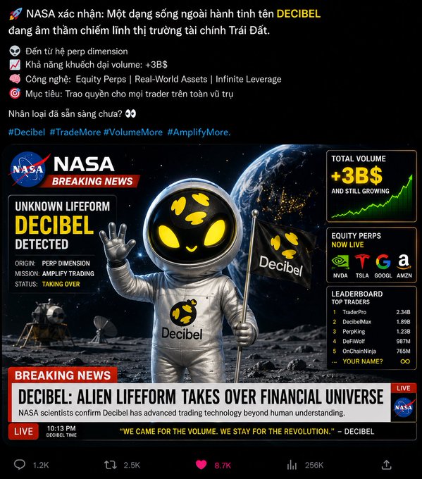 The main focus of this image appears to be a Twitter post featuring a screenshot from an article about a company named Decibel. It seems that NASA has kept everyone else in the world in the dark about the existence of Decibel, which might seem odd or suspicious to some people. However, there is another aspect to consider: a screenshot of an alien lifeform astronaut standing on the moon and holding up a flag. This adds a playful element to the post by juxtaposing the idea that NASA has kept us in the dark with the amusing concept of an alien intelligence. The image seems to convey both seriousness and humor, as the company tries to make its presence known through the NASA Twitter account while also poking fun at it.