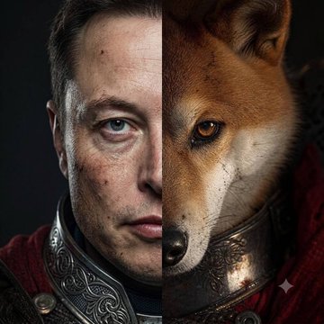 The image features a man wearing armor, with a dog wearing a collar next to him. The man's face has been split into two halves, creating an interesting visual effect that combines elements of both humans and animals. The caption below the image reads "How with this Elon @elonmusk Dᴏɢᴇᴜs Mᴀxᴍᴜs ᴀᴋᴀ Tʜᴇ Dᴏɢ Fᴀᴛʜᴇʀ Aka ELON Musk @grok @imagine".