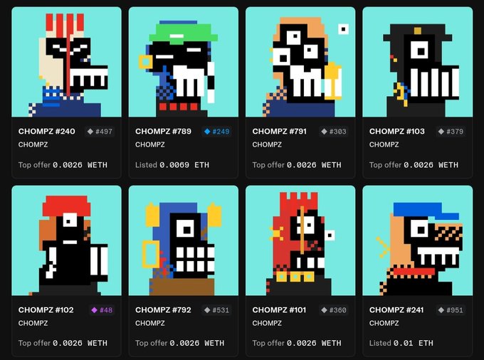 A grid of eight pixel-art NFT character collectibles called 'CHOMPZ' with various IDs (#240, #789, #791, #103, #102, #792, #101, #241) listed at 0.0026 WETH or 0.0069 ETH.