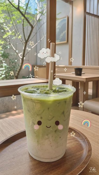 A layered green matcha latte in a plastic cup with a brown paper straw, decorated with cute kawaii stickers (clouds, stars, rainbows) and placed on a wooden tray in what appears to be a cozy cafe setting.
