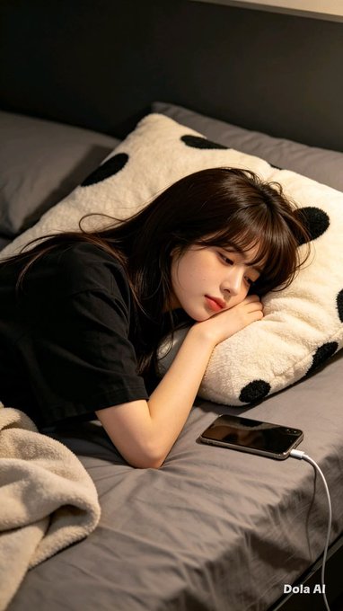 A young woman rests her head on a panda-print pillow on a bed, gazing at a smartphone that's charging nearby, with "Dola AI" visible in the bottom right corner. The image's sense of waiting or pause mirrors the discussion about real-world shipping and how @EthraShip connects it to on-chain capital deployment through audited USDC flows.