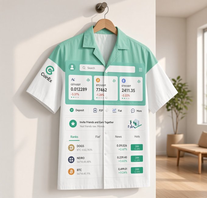 A short-sleeve button-up shirt featuring a mint green and white color block design, printed with a cryptocurrency exchange interface showing prices for CETUSDT, BTCUSDT, and ETHUSDT, plus the CoinEx logo.