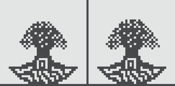 Two identical pixel-art illustrations of dark mushrooms with white-spotted caps displayed side by side.