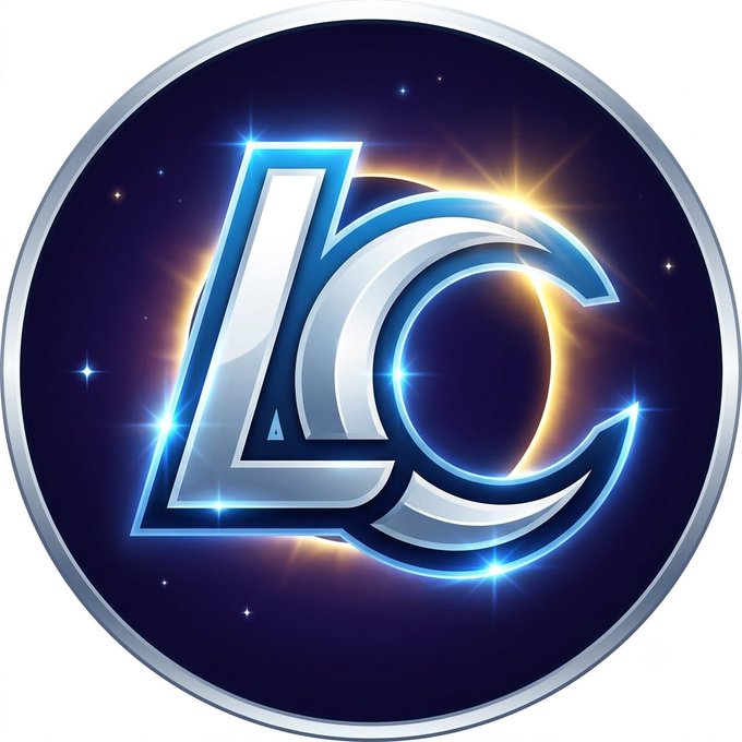 A stylized "LC" logo with a chrome/metallic finish is set against a starry dark blue cosmic background, encircled by a silver border and accented with glowing light flares. The accompanying post contains a Solana contract address, suggesting this emblem represents a meme coin or cryptocurrency token project.