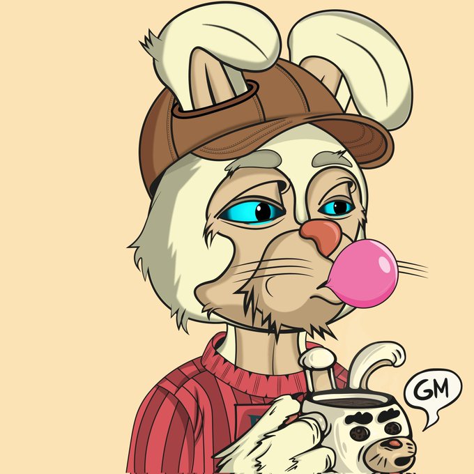 A cartoon anthropomorphic rabbit character wearing a brown cap and red sweater blows a pink bubblegum bubble while holding a mug, with a 'GM' speech bubble visible.
