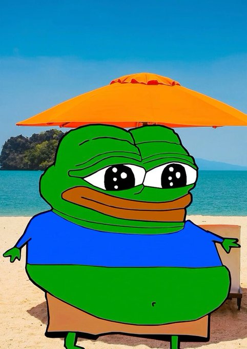 The Pepe the Frog meme character wearing a blue shirt, depicted on a beach scene with an orange umbrella, lounge chair, and ocean in the background.