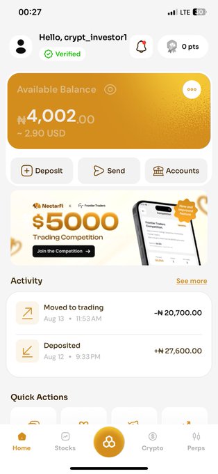 A mobile screenshot of the Nectar Finance app displaying a user dashboard with an available balance of ₦4,002.00, activity showing a ₦20,700 transfer to trading and ₦27,600 deposit, and a prominent banner for the $5000 Trading Competition with Frontier Traders—aligning with the caption celebrating a first-time NG product experience with Nectar Finance.