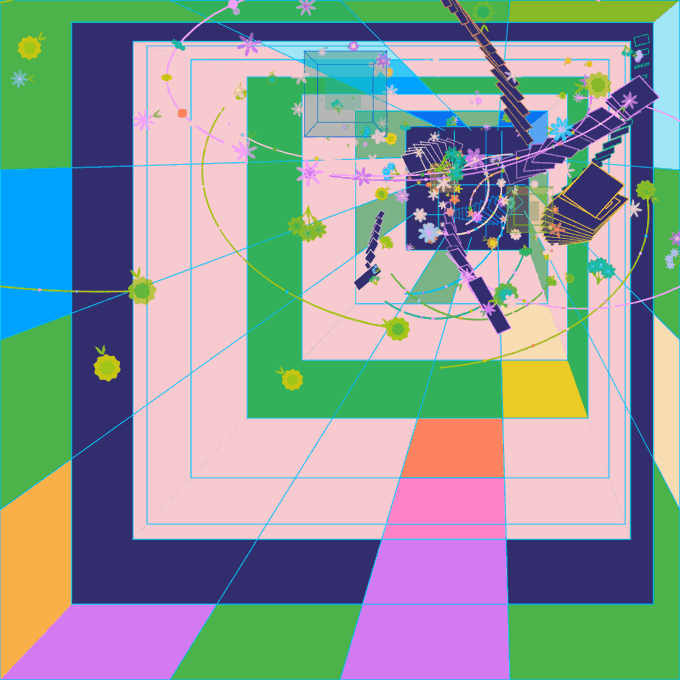 An abstract geometric artwork composed of concentric squares, colorful planes, and scattered star and flower-like shapes connected by thin, colorful lines.