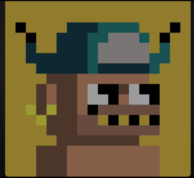 A pixel art portrait of a character with dark teal horns, a wide grin showing yellow teeth, and a small gold earring, celebrating being "first in ZEC" after minting an NFT by @zec_bit.