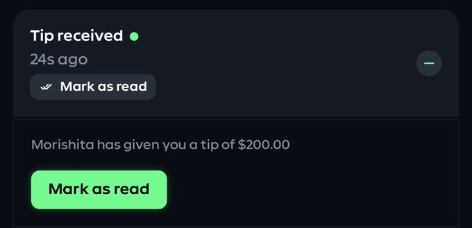 A notification shows that "Moriishita has given you a tip of $200.00" via a tipping platform, received 24 seconds ago. This relates to the post's $200 giveaway to 10 reply guys ($20 each), where the user appears to have received the full $200 tip from the post author instead of the smaller per-person amount mentioned in the giveaway rules.