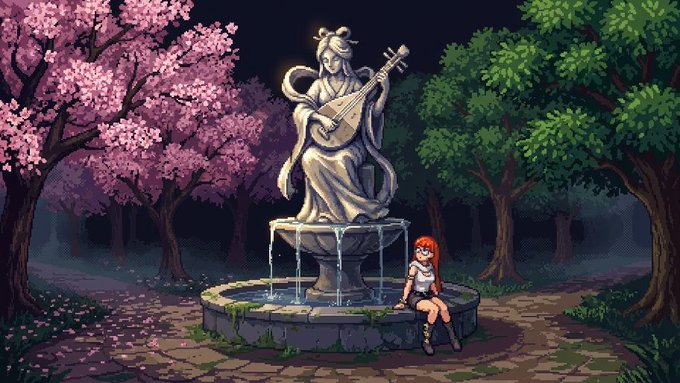 A pixel art scene shows a red-haired woman sitting on the edge of a stone fountain, beneath a statue playing a lute, surrounded by pink cherry blossom trees and green foliage at night.