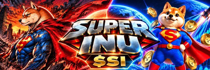 A dramatic superhero-themed banner featuring a Shiba Inu and a Shiba dog wearing Superman capes, with the bold text "SUPER INU" and ticker "$SI" displayed prominently against a cosmic background with Earth and gold coins, fitting the community-uploaded banner for the Solana meme token $SI.