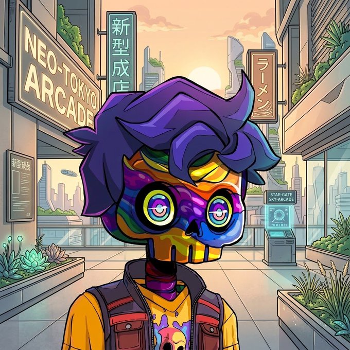 A colorful digital illustration of a rainbow-colored skeleton character with purple hair in front of a 'NEO-TOKYO ARCADE' sign and Japanese text including '新型成店' and 'ラーメン'.