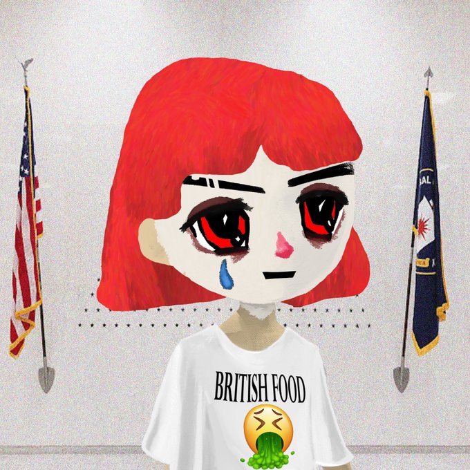 An avatar-style image featuring a cartoon character with red hair and red eyes wearing a white t-shirt that says 'BRITISH FOOD' with a vomiting emoji, flanked by US and CIA flags.