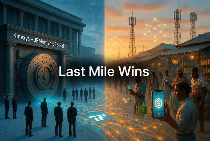 The image is a split visual showing a bank vault labeled "Kinexys – JPMorgan B2B Rail" on the left, contrasted with telecom towers and people using mobile phones on the right, overlaid with the text "Last Mile Wins." It visually reinforces the post's argument that JPMorgan's Kinexys B2B blockchain rail targets institutional cross-border settlements—not last-mile retail payments—where telecom tokens like $TEL remain relevant.