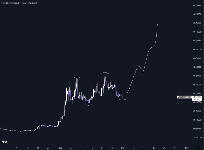 A TradingView chart of USELESSUSDT on Binance (10h timeframe) shows the token's price surging to $0.2316 after breaking out from a multi-month accumulation pattern, mirroring the parabolic price action the post compares to past memecoin runs like BONK, PEPE, DOGE, and SHIB. The white hand-drawn line projects a continued explosive move toward $0.65, visually reinforcing the post's hype that USELESS is on the verge of a massive breakout similar to previous memecoin cycles.